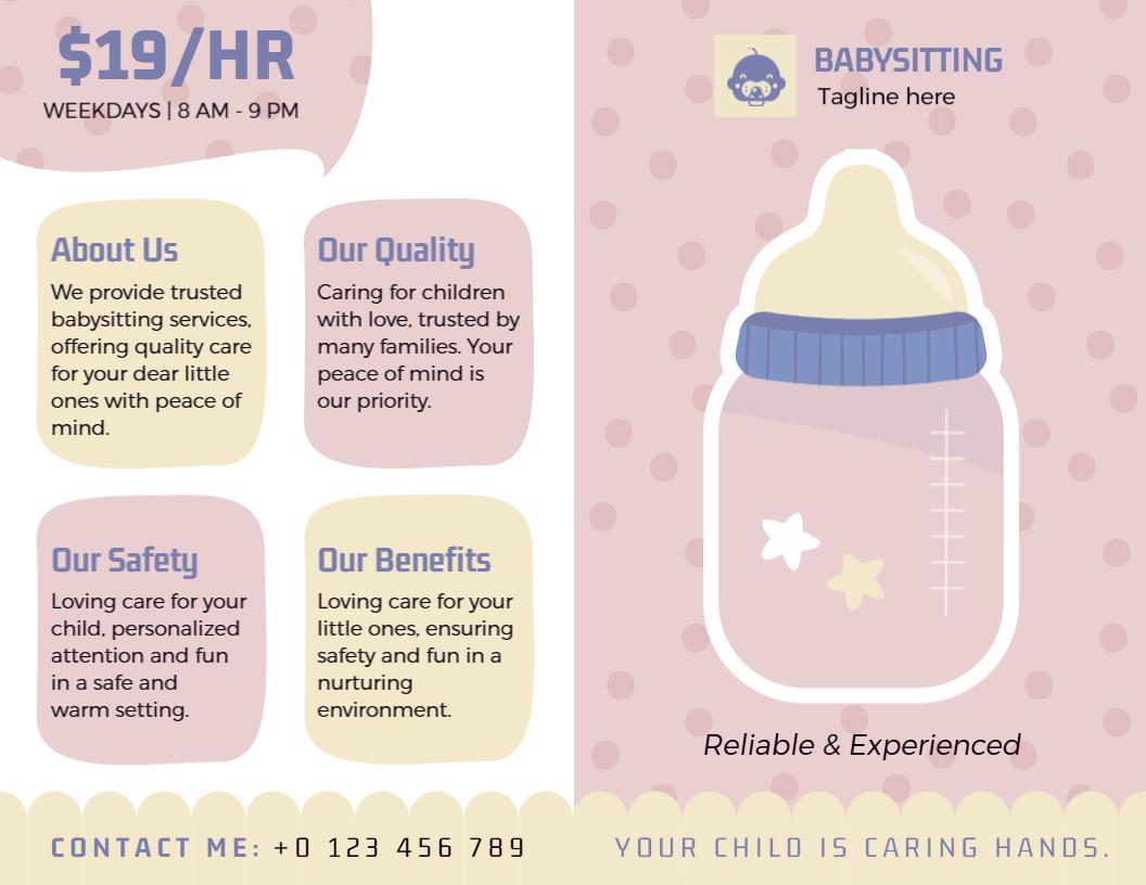 Pink Baby Bottle Care and Trustworthy Babysitting Brochure Template