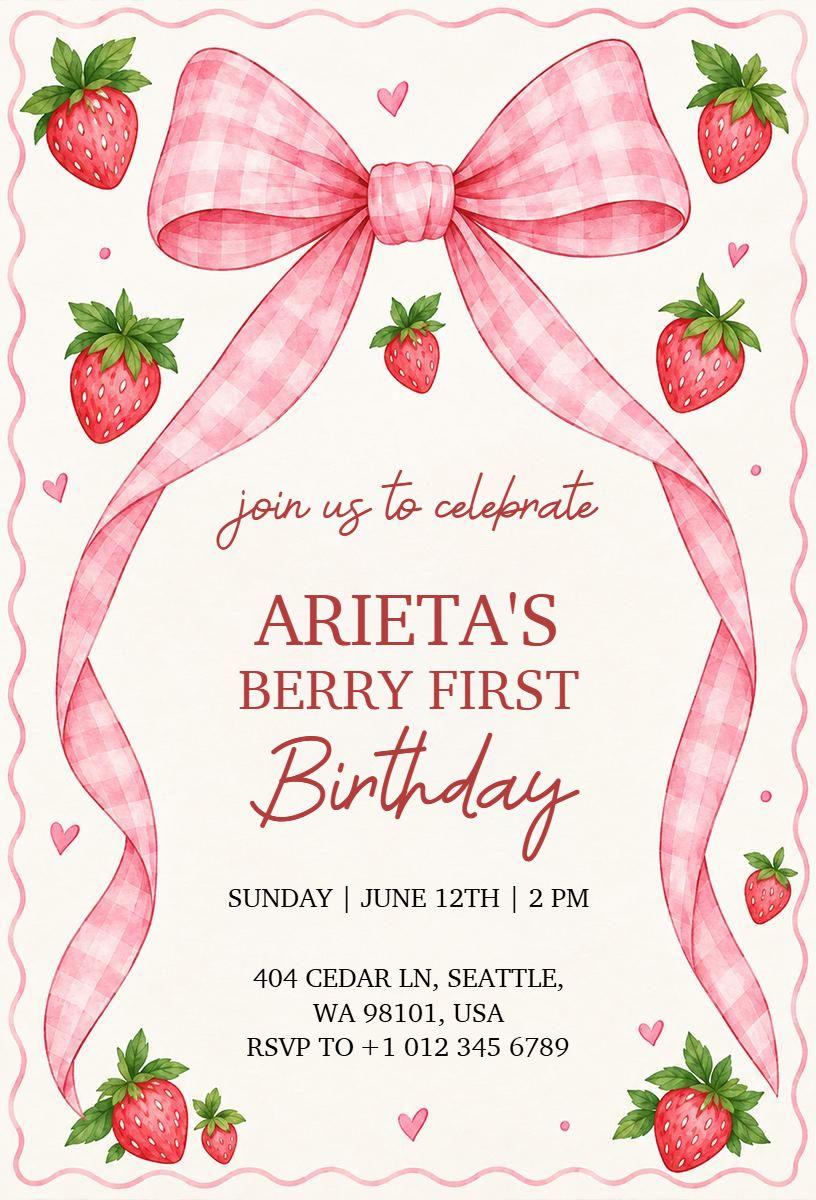 Pink Bow and Strawberry Birthday Invitation Template