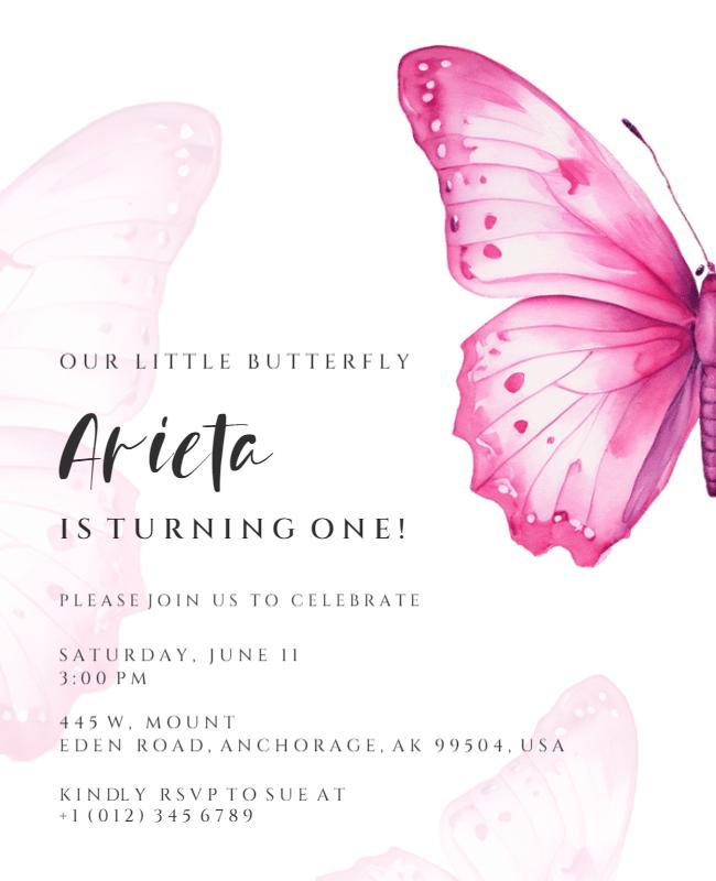 Pink Butterfly First Birthday Celebration Flyer Template