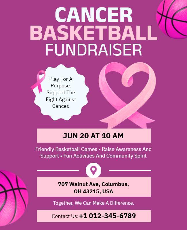 Pink Cancer Awareness Basketball Fundraiser Flyer Template