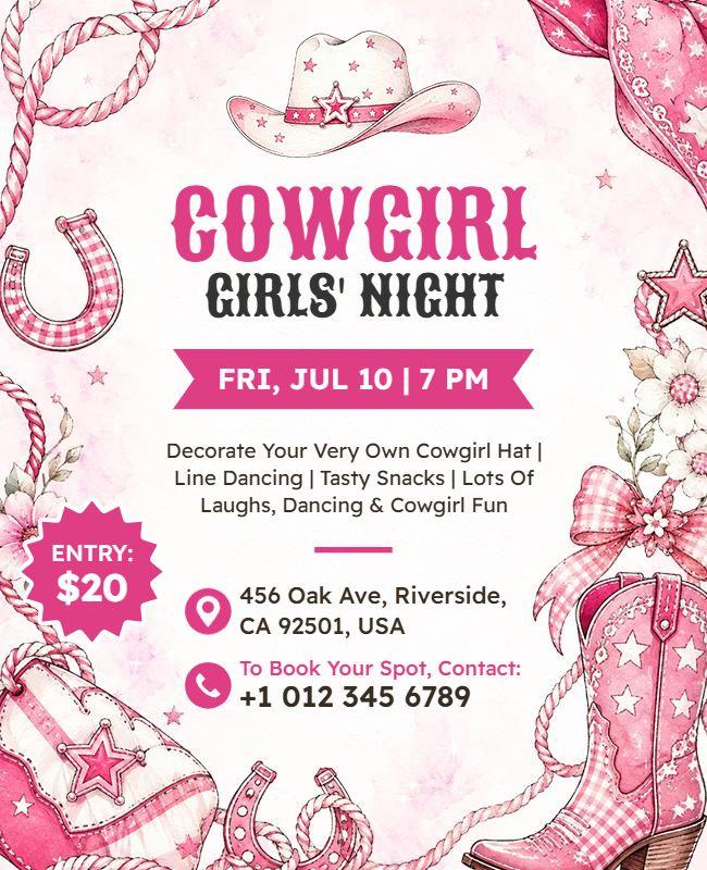 Pink Cowgirl Themed Girls' Night Out Flyer Template