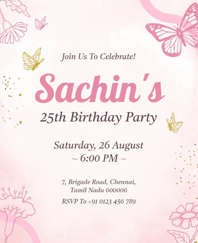 Pink Floral Butterfly Birthday Party Flyer Template