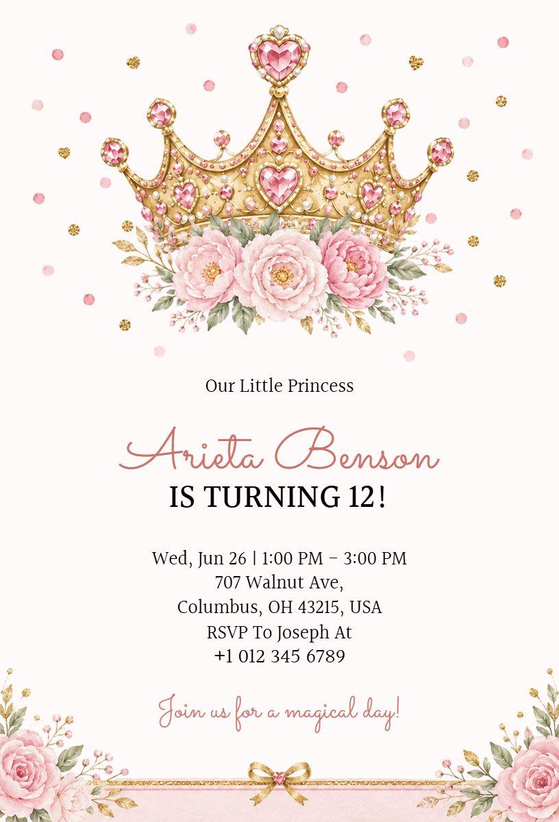 Pink Floral Crown Birthday Invitation Template