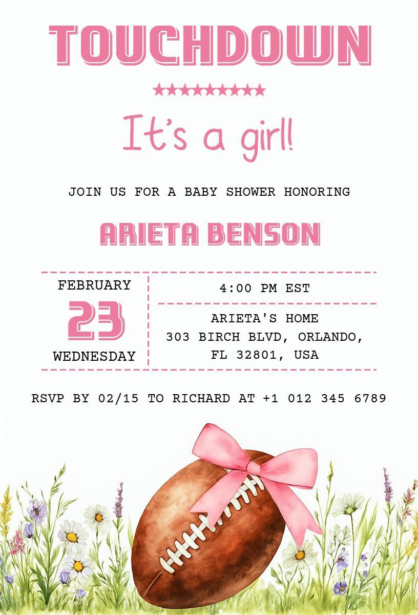 Pink Football Theme Sports Baby Shower Invitation Template