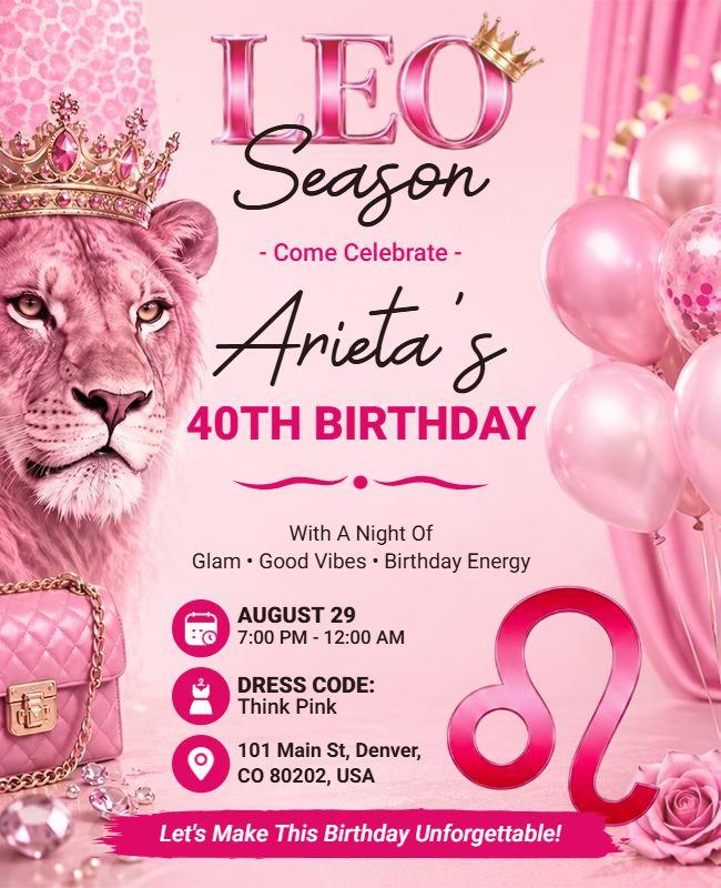 Pink Glam Leo Season Birthday Celebration Flyer Template