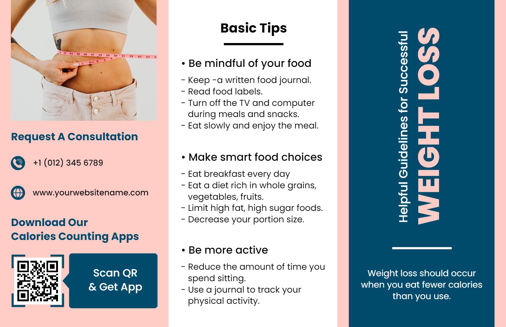 Pink Minimal Weight Loss Tips and Healthy Eating Brochure Template