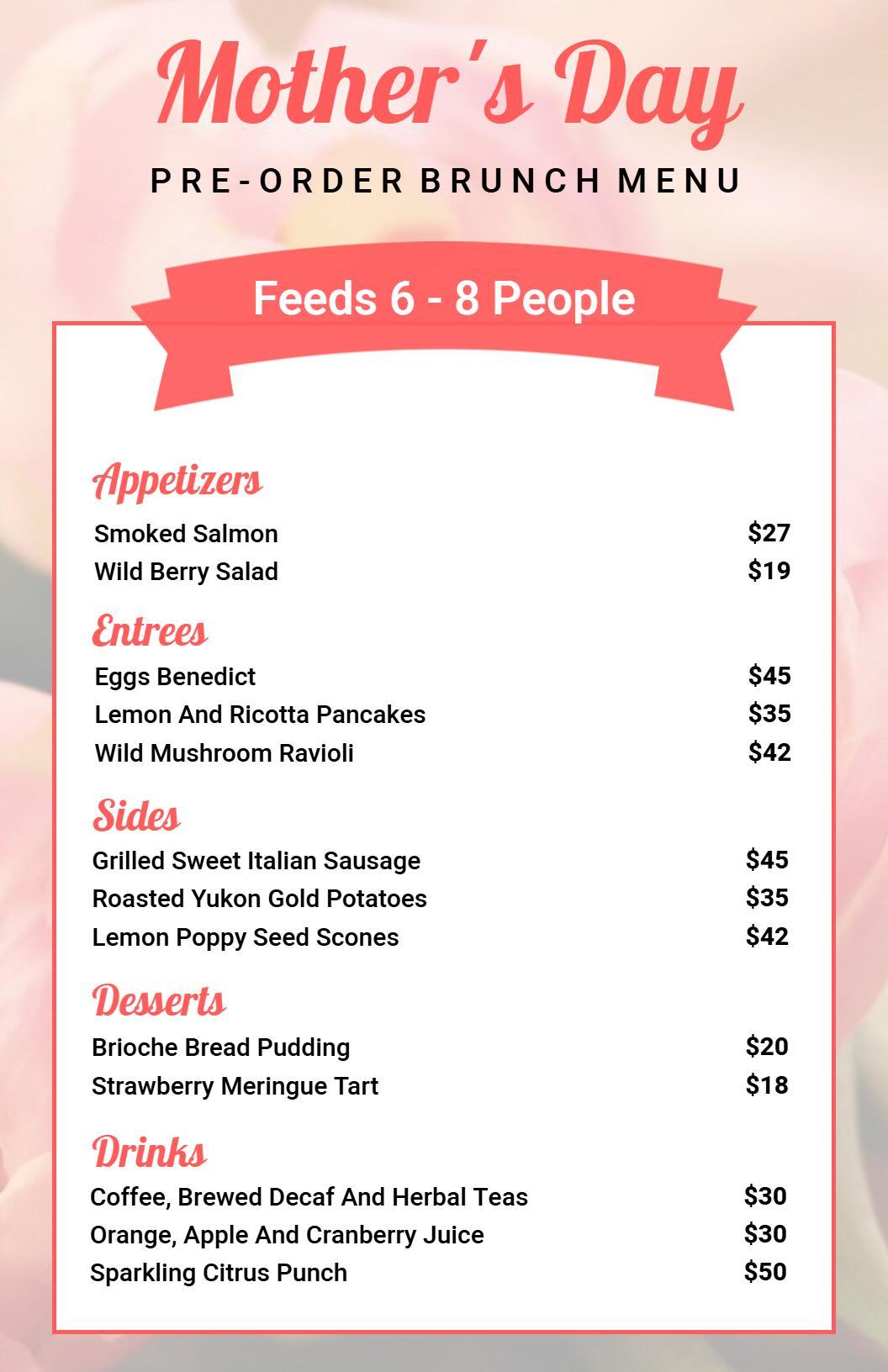 Pink Pastel Mother’s Day Brunch Pre-Order Menu Template