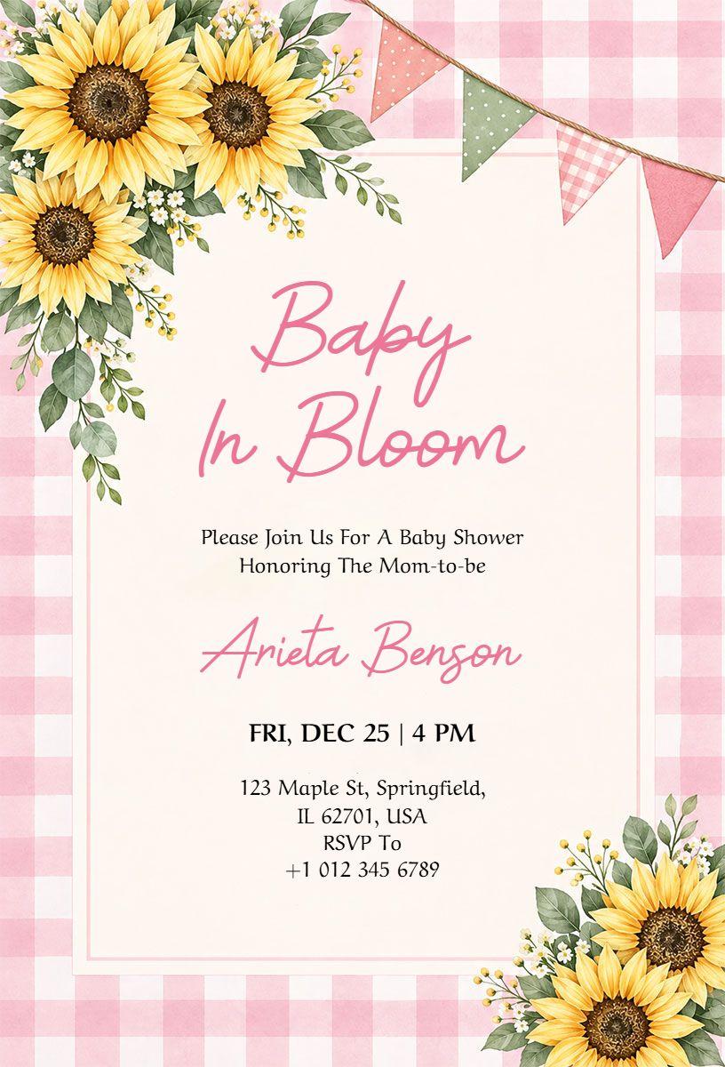 Pink Plaid Sunflower Baby Shower Invitation Template