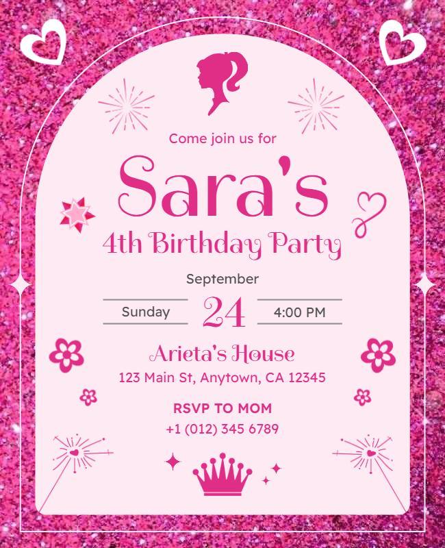 Pink Princess Birthday Party Invitation Flyer Template