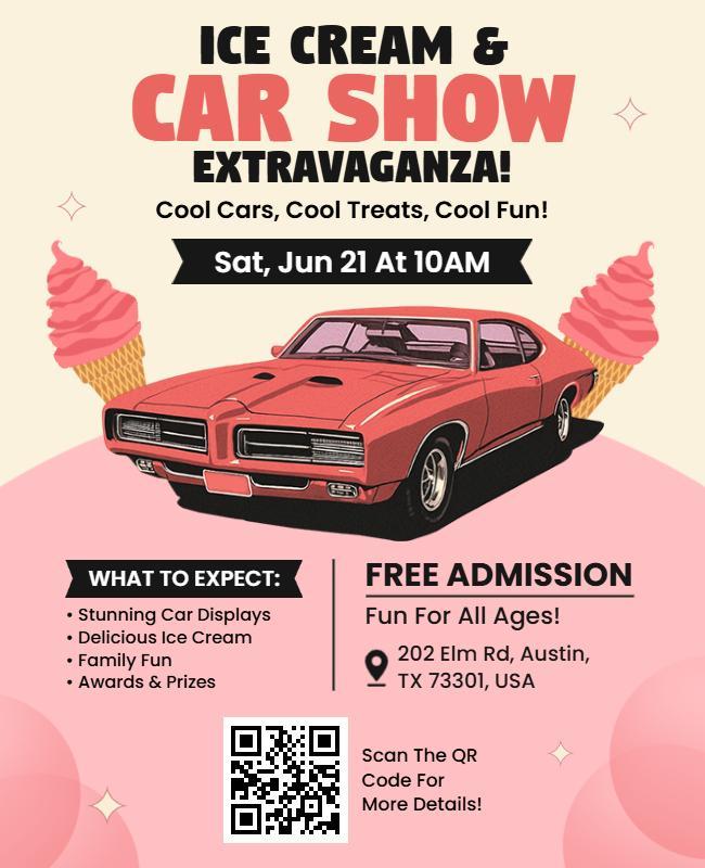 Pink Retro Ice Cream and Car Show Event Flyer Template