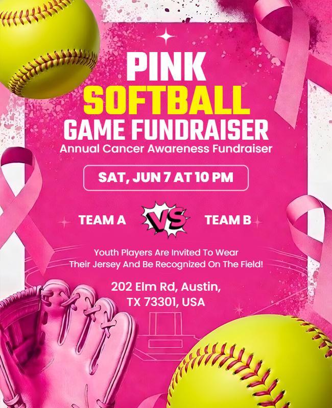 Pink Softball Cancer Awareness Fundraiser Flyer Template