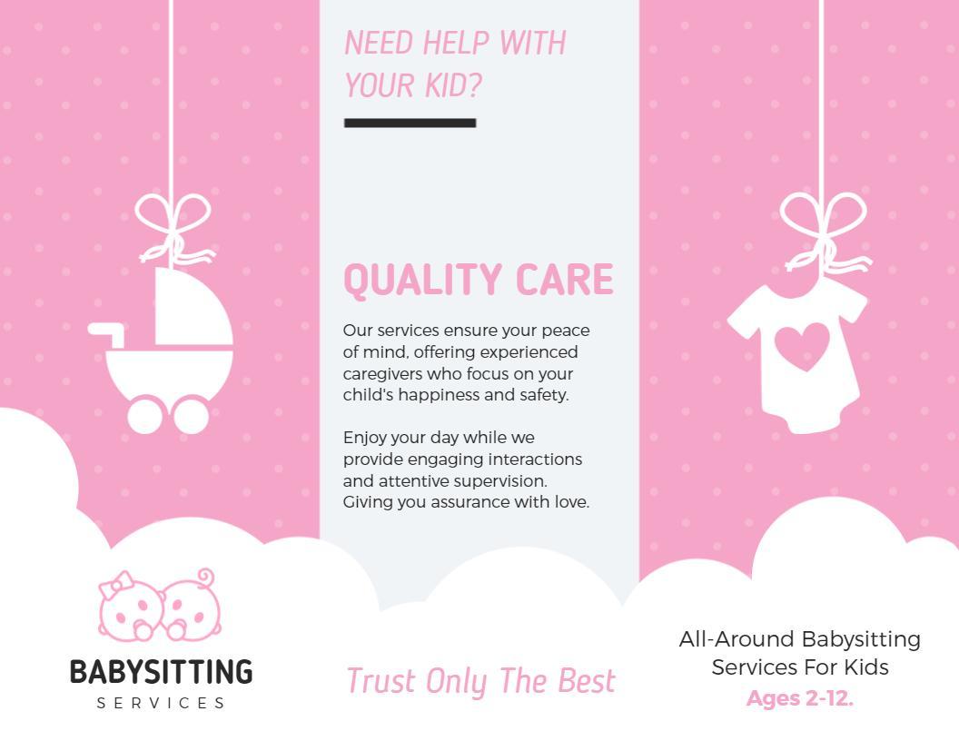 Pink Theme All-Around Babysitting Services for Kids Brochure Template