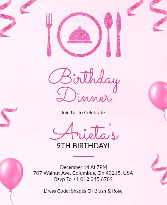 Pink Theme Birthday Dinner Invitation Flyer Template