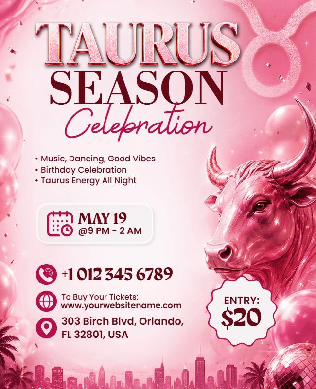 Pink Theme Taurus Season Celebration Party Flyer Template