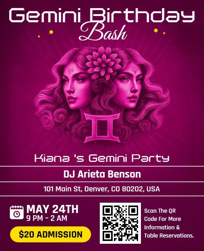Pink Themed Gemini Birthday Bash Celebration Flyer Template