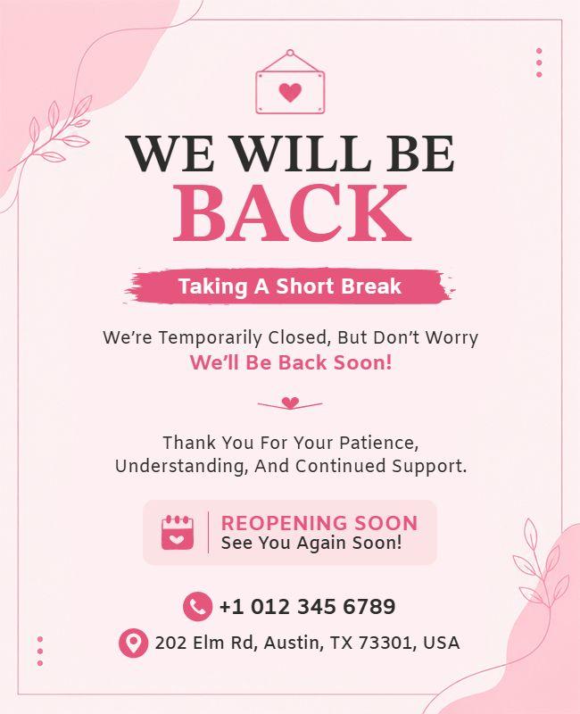 Pink Themed We Will Be Back Soon Flyer Template