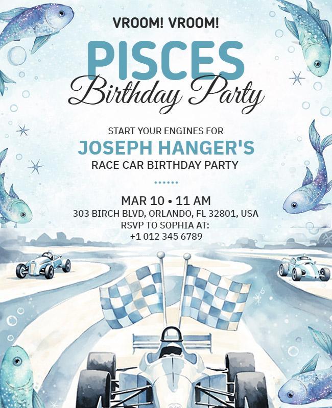 Pisces Race Car Birthday Party Flyer Template