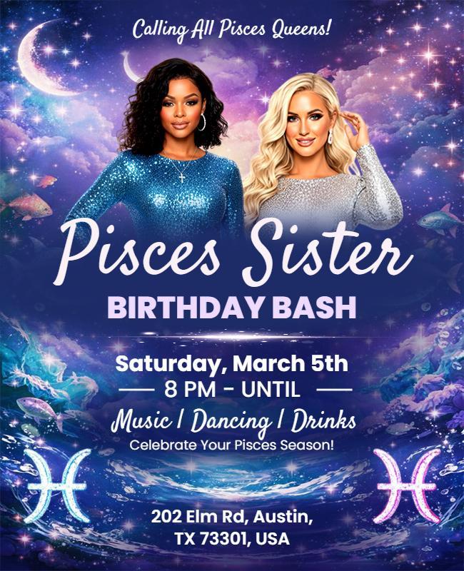 Pisces Sister Birthday Bash Celebration Flyer Template