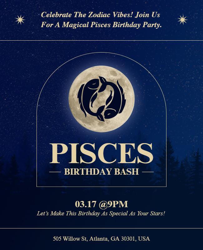 Pisces Zodiac Birthday Bash Celebration Flyer Template