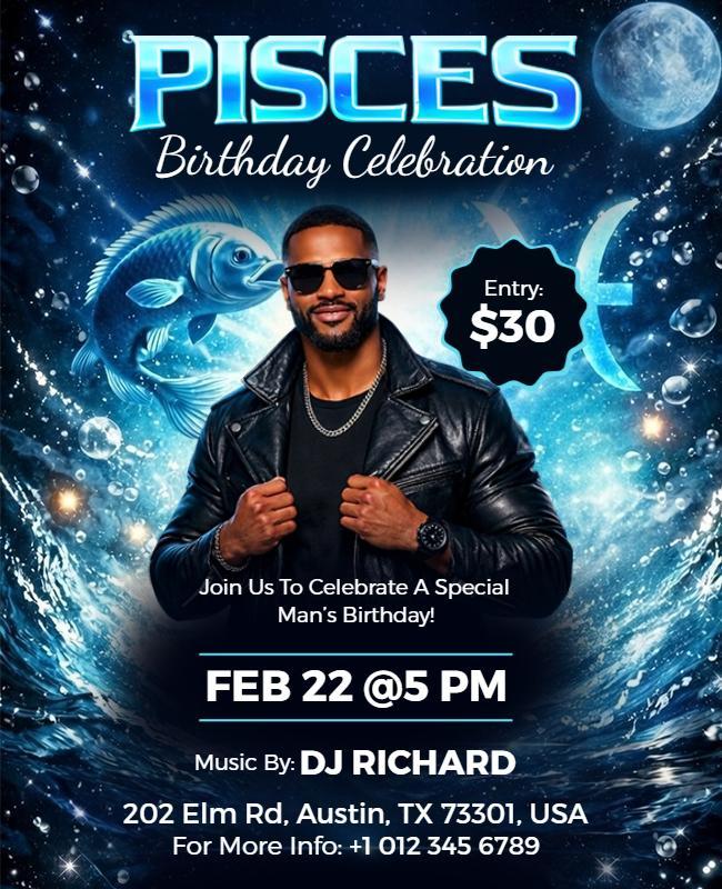 Pisces Zodiac Birthday Celebration for Men Flyer Template