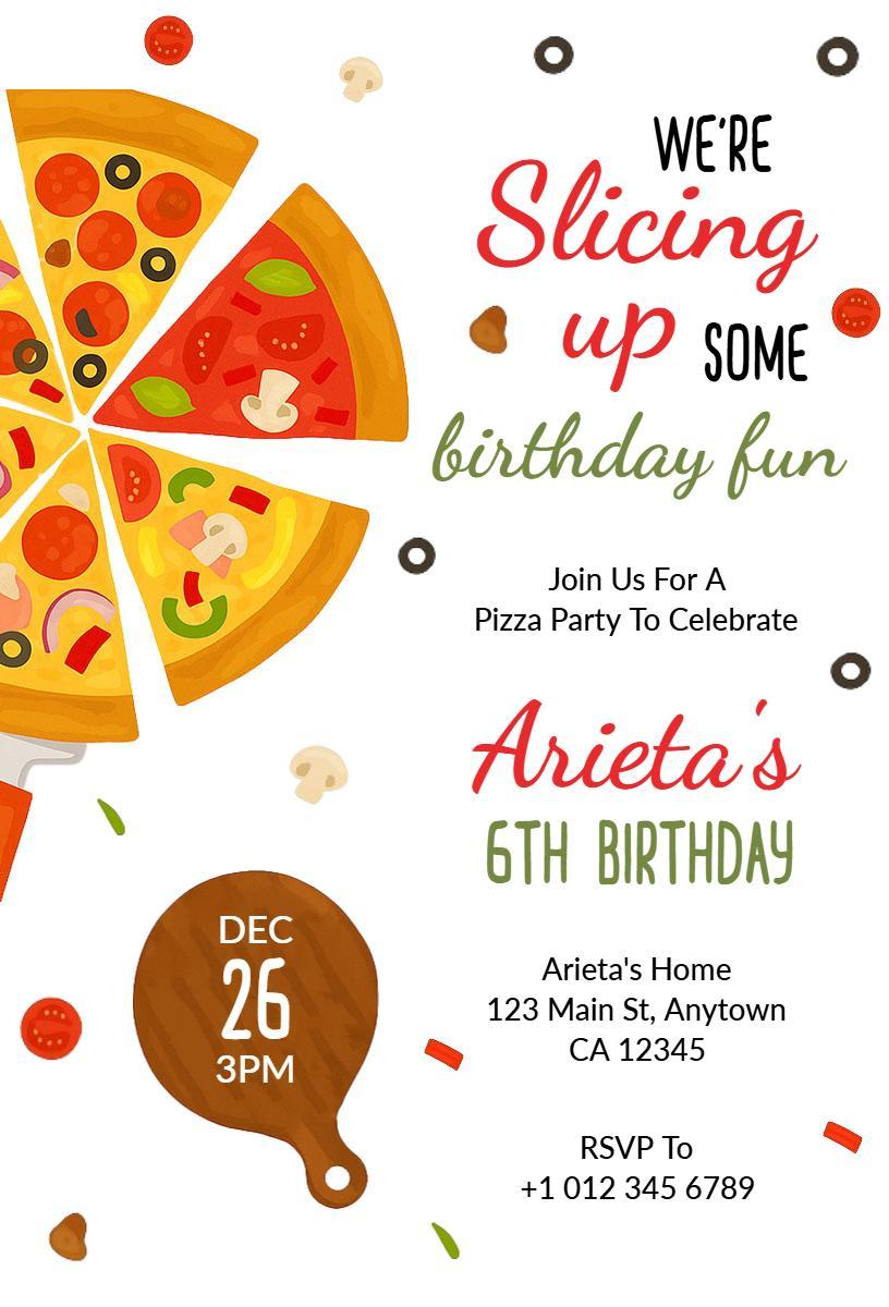 Pizza Party Slice Fun 6th Birthday Invitation Template