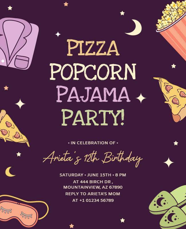 Pizza Popcorn Pajama Birthday Party Flyer Template