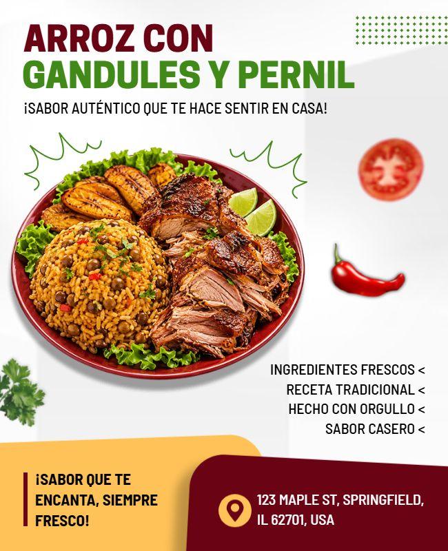 Plantilla De Folleto De Restaurante Arroz Con Gandules Y Pernil