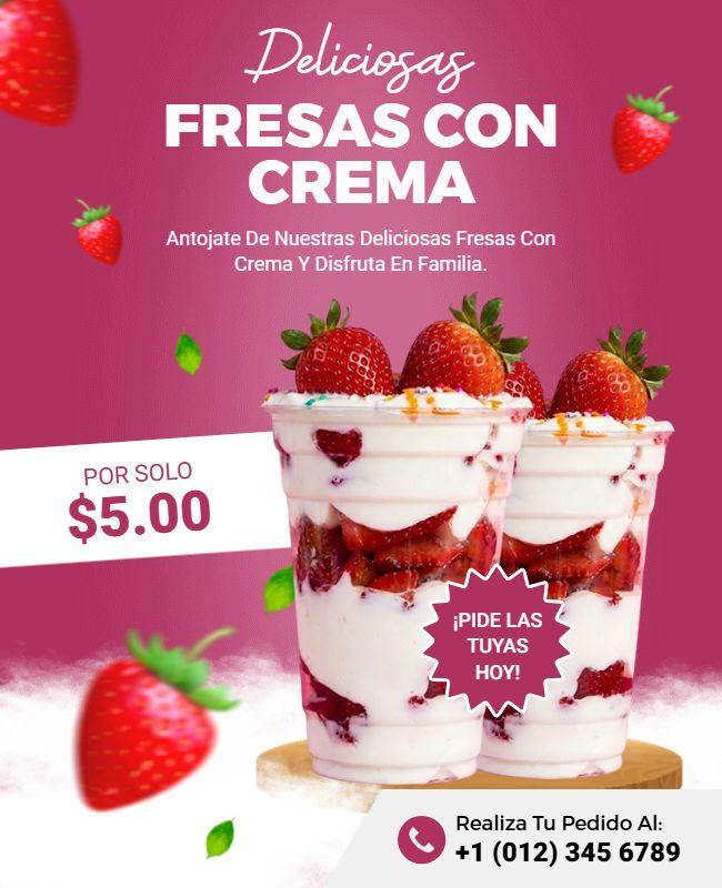Plantilla De Folleto Para Un Delicioso Postre De Fresas Con Crema