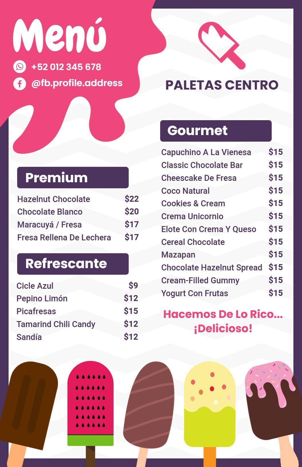 Plantilla De Menú Colorida Para Paletas Y Helados