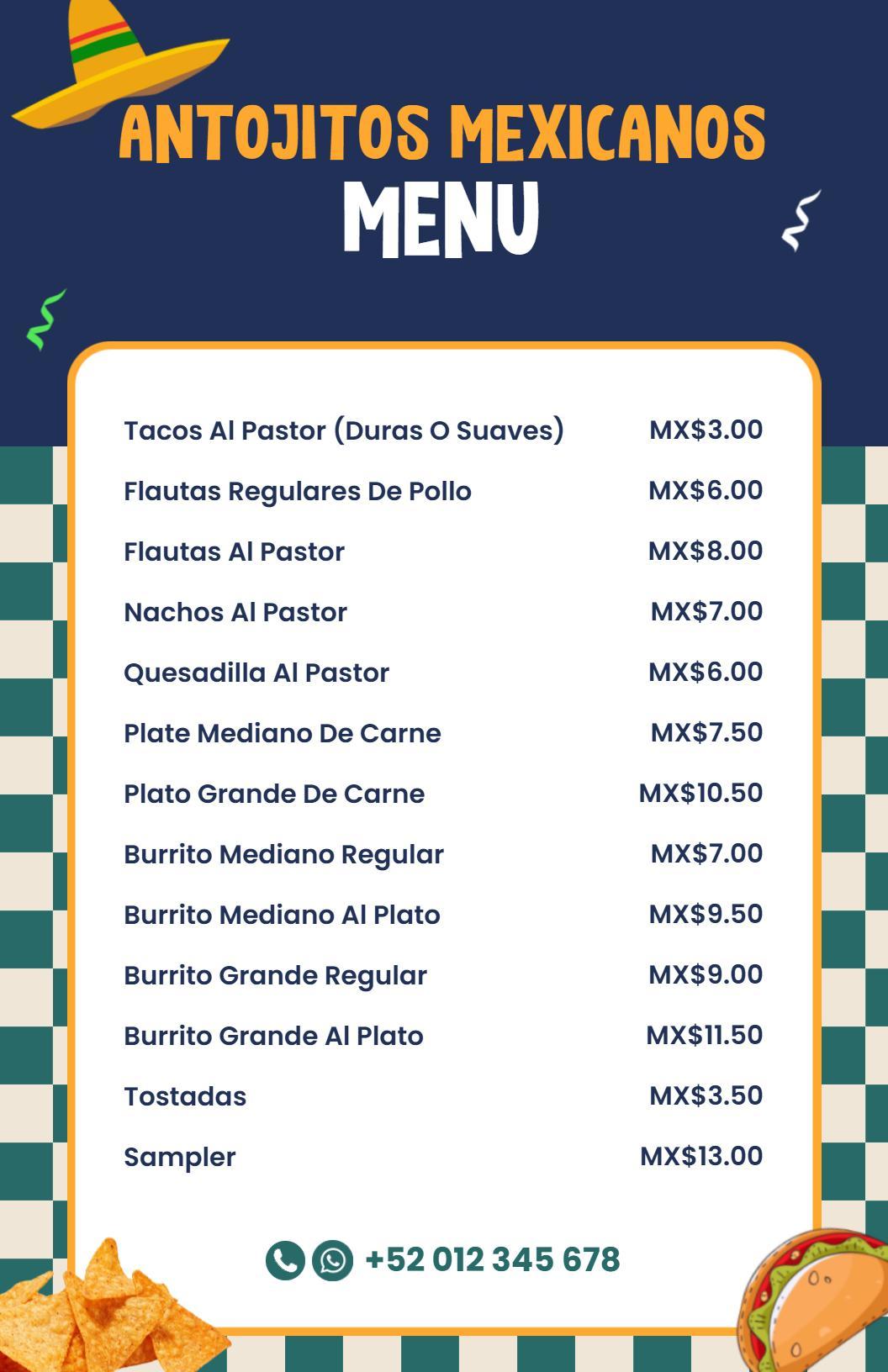 Plantilla De Menú Con Un Encantador Sombrero Mexicano Y Coloridos Antojitos