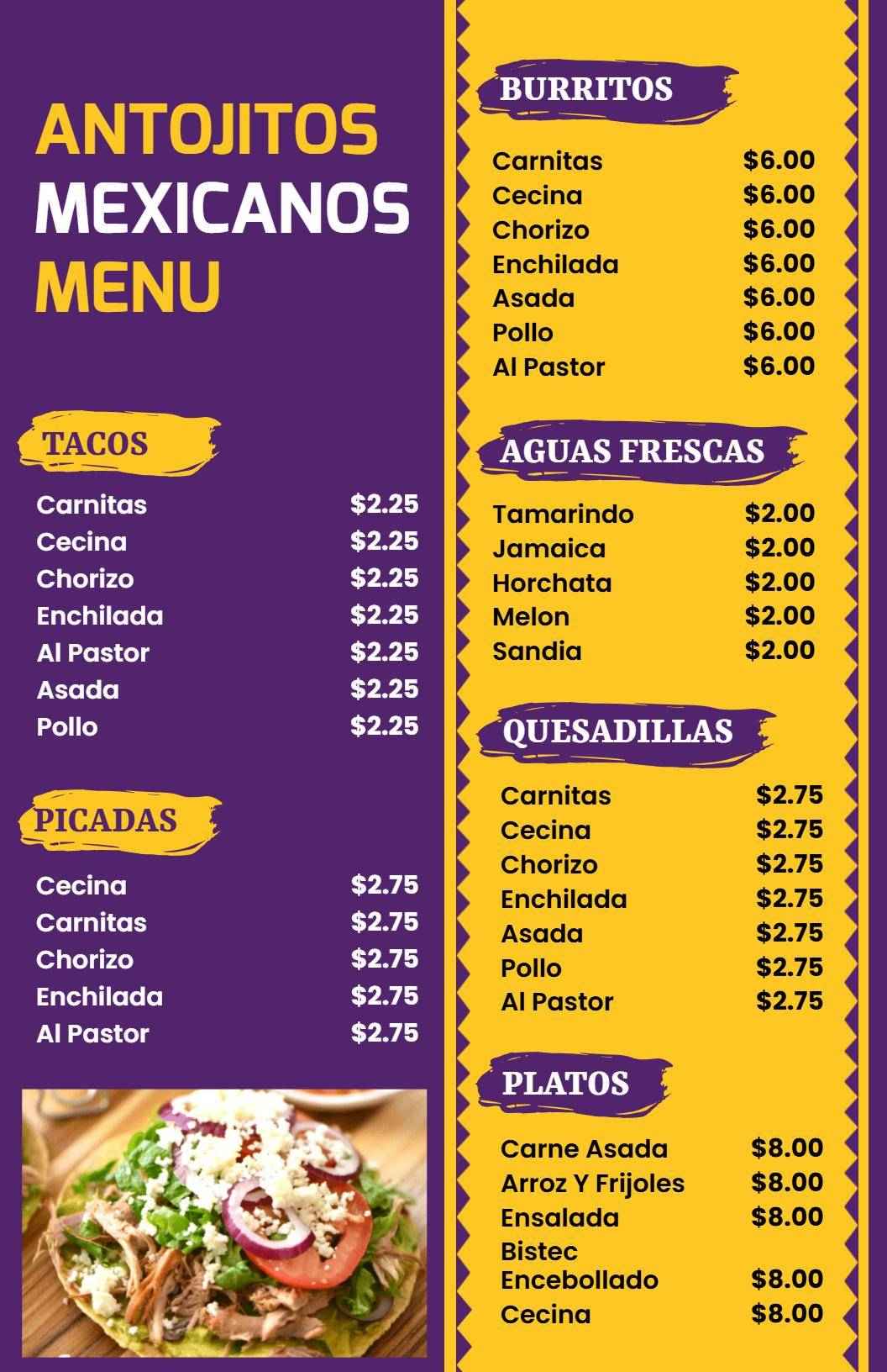 Plantilla De Menú De Antojitos Mexicanos Tradicionales