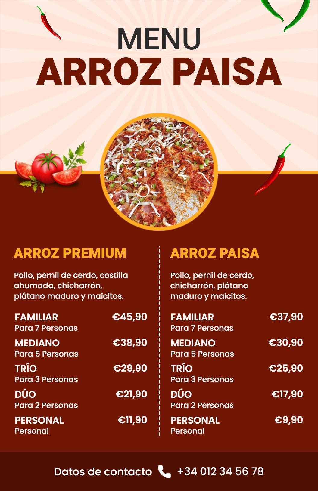 Plantilla De Menú De Arroz Paisa Colombiano Tradicional Con Opciones Premium