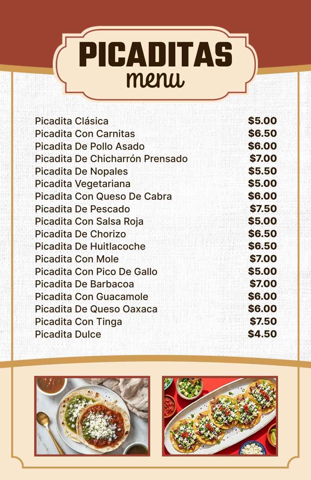 Plantilla De Menú De Auténticas Picaditas Con Una Selección De Sabores