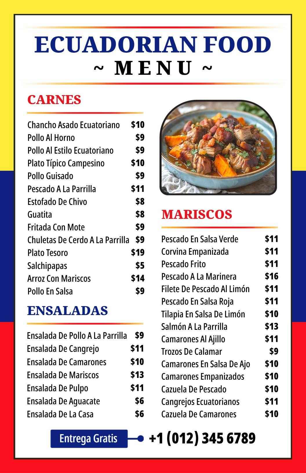 Plantilla De Menú De Auténticos Platos Ecuatorianos Con Mariscos Frescos