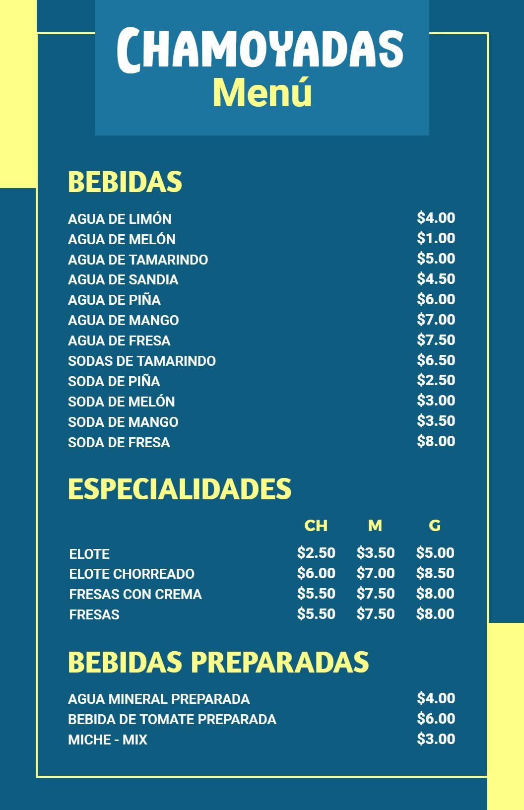 Plantilla De Menú De Bebidas De Chamoyadas En Azul Y Amarillo Llamativos