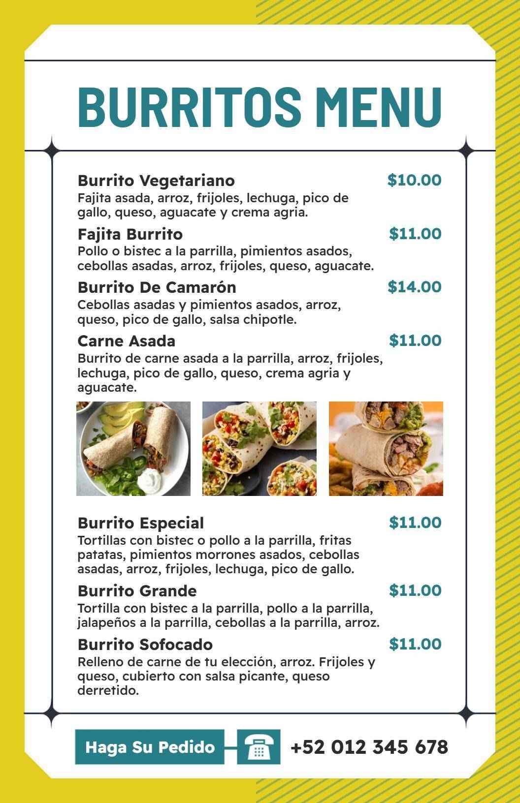 Plantilla De Menú De Burritos En Amarillo Vibrante