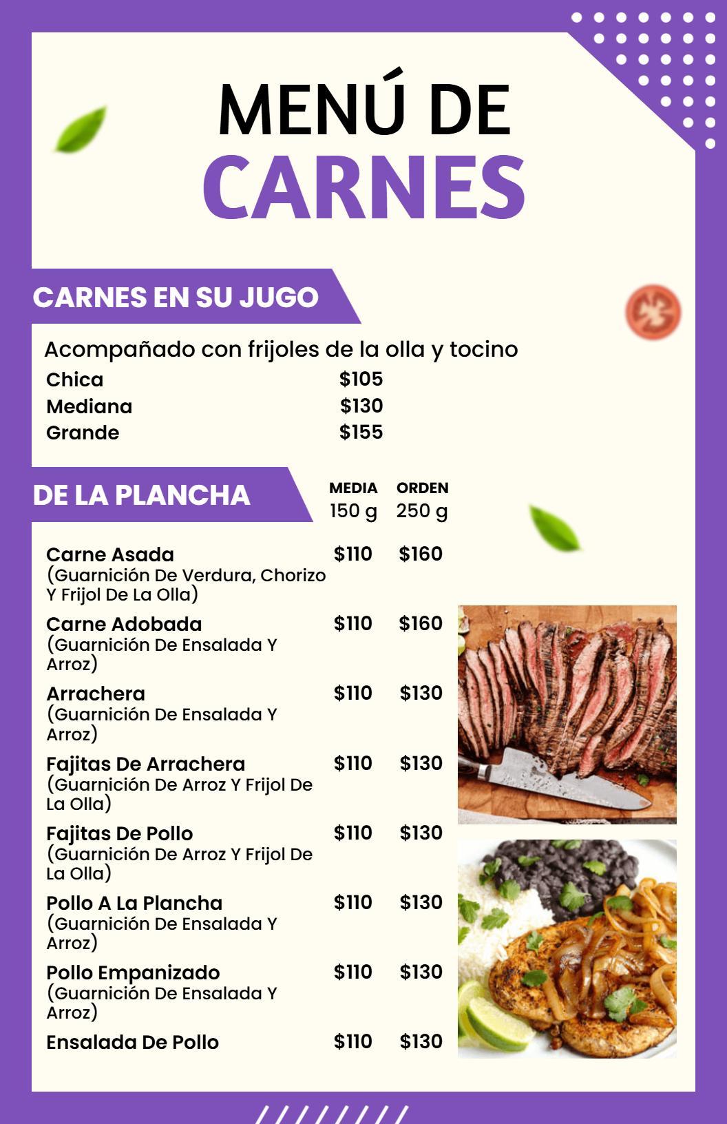 Plantilla De Menú De Carnes Con Temática Morada Y Selección De Carnes Jugosas