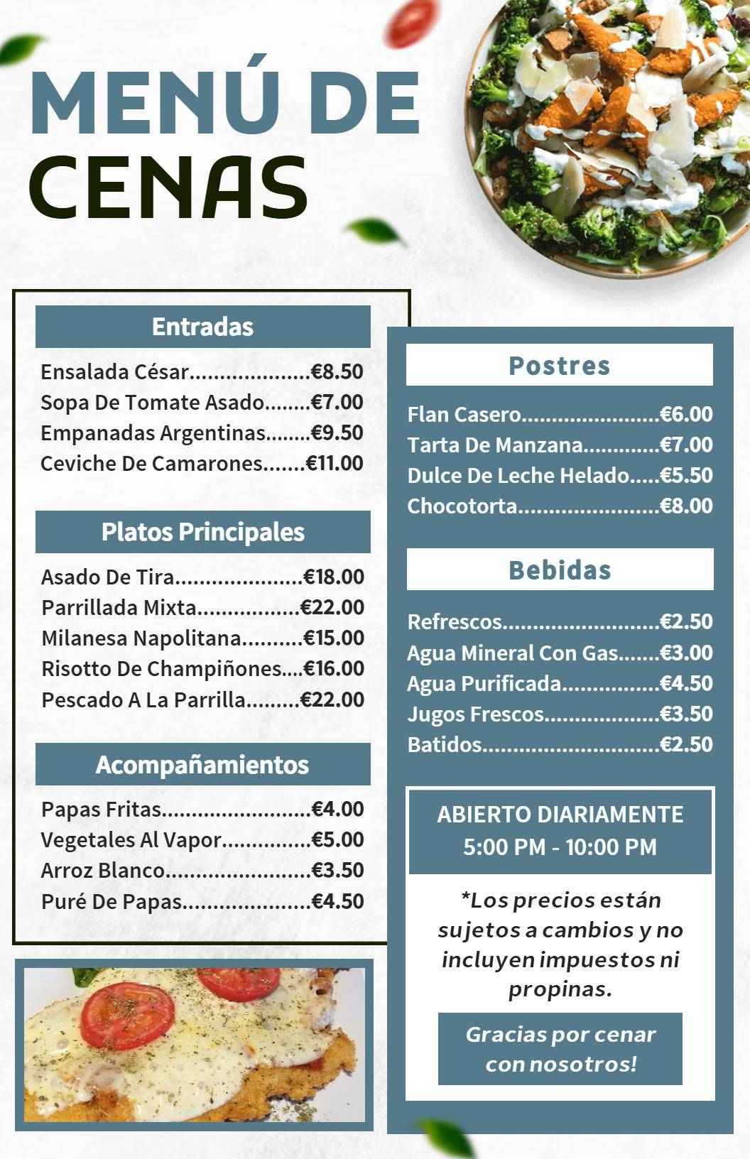 Plantilla De Menú De Cena De Cocina Española En Tonos Azules Sofisticados