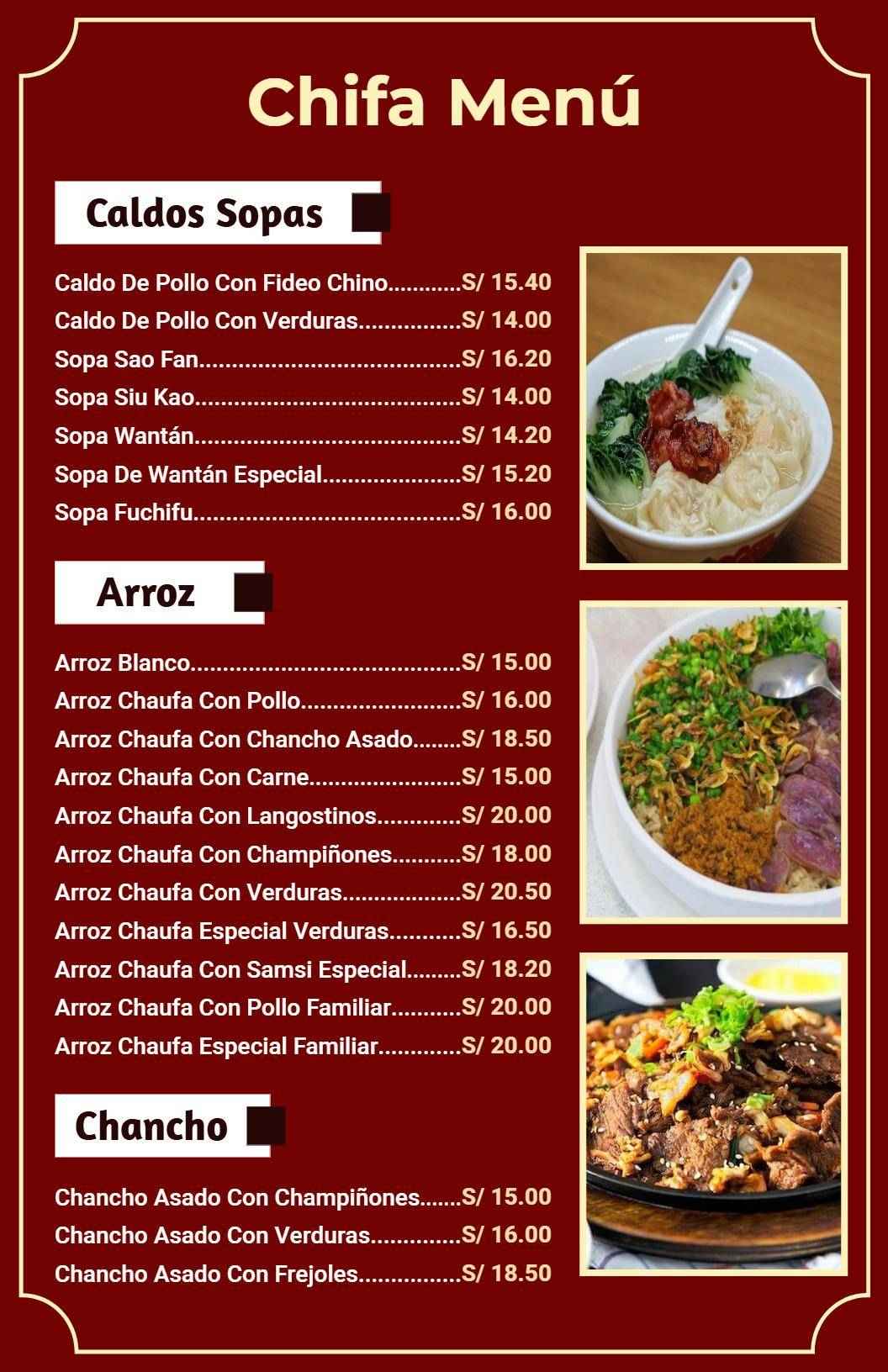 Plantilla De Menú De Cocina Chifa Tradicional Tono Granate Con Opciones De Sopa
