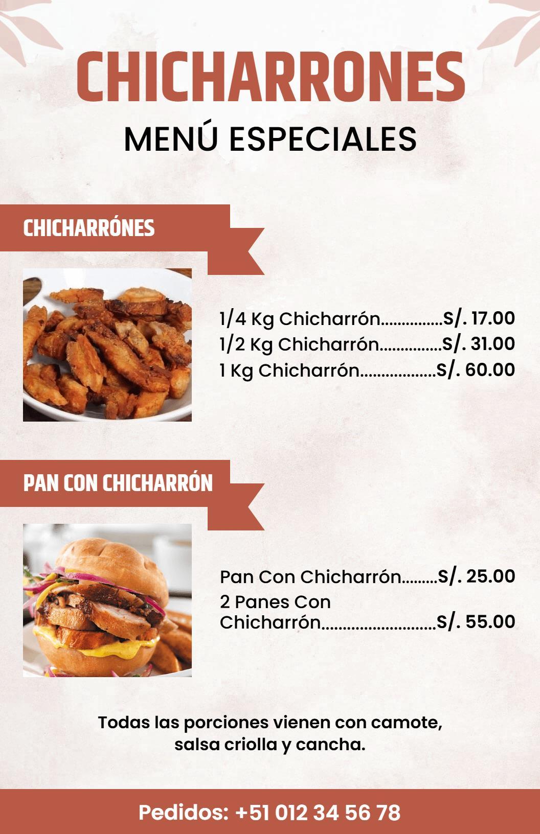 Plantilla De Menú De Cocina De Chicharrón En Elegantes Tonos Marrones