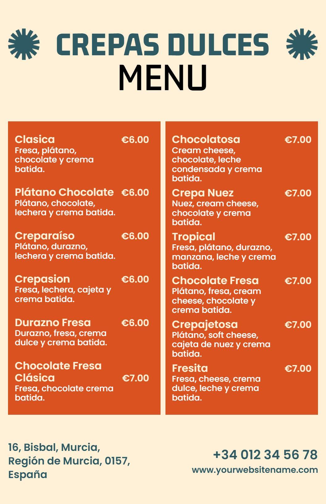 Plantilla De Menú De Crepes Dulces Retro De Naranja Y Crema