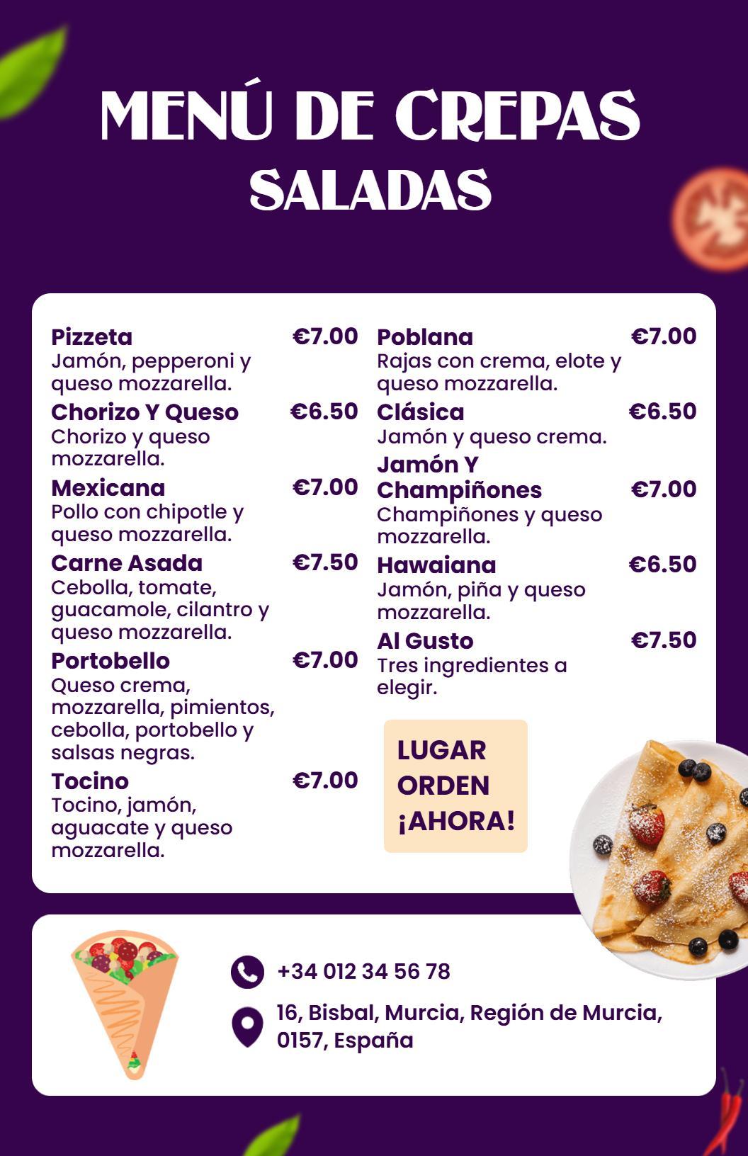 Plantilla De Menú De Crepes Salados En Tonos Violeta Vibrantes