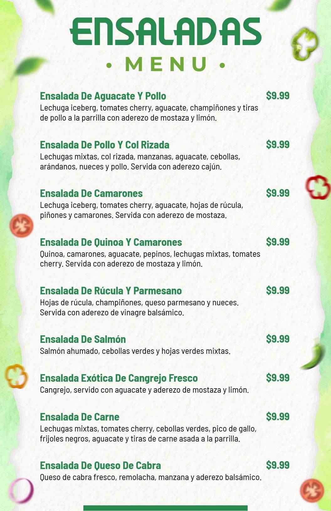 Plantilla De Menú De Ensaladas Con Aguacate Fresco Y Pollo a La Parrilla
