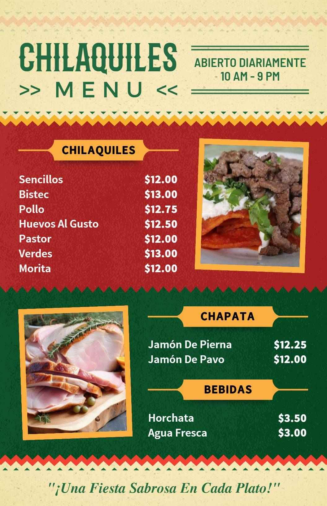 Plantilla De Menú De Especialidades Chilaquiles Mexicanos Vibrantes Con Chapata