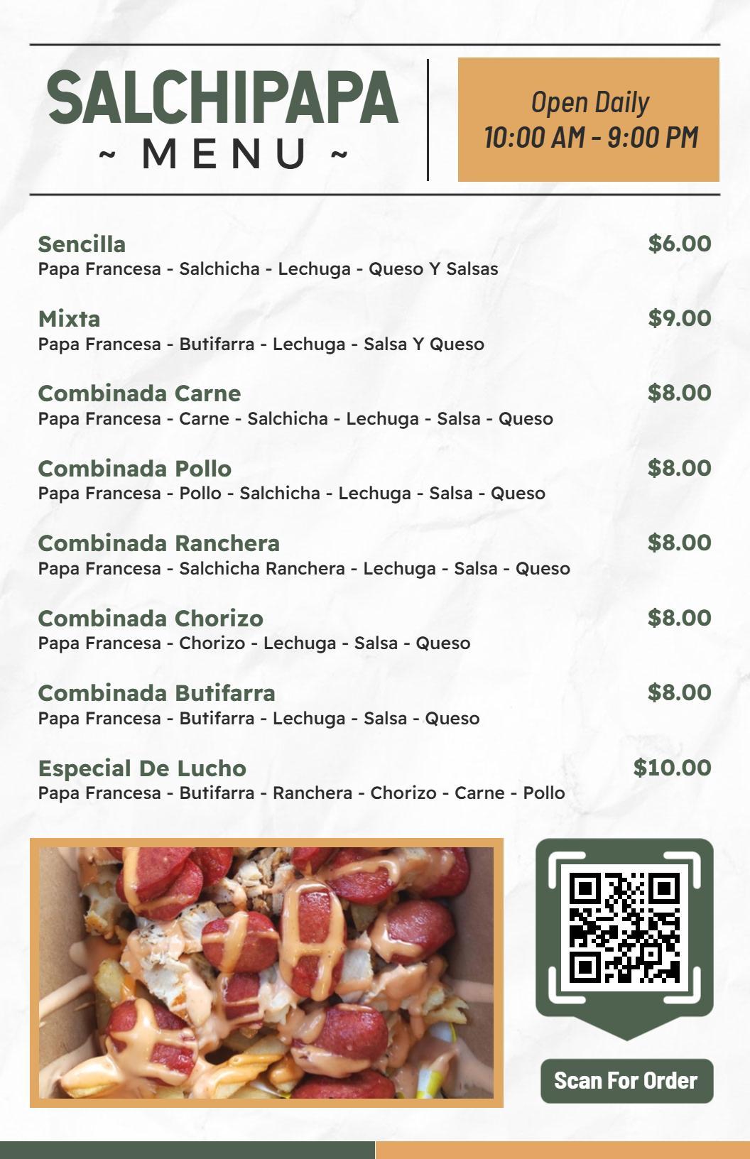 Plantilla De Menú De Especialidades De Salchipapas En Tonos Verdes Y Naranjas De Estilo Rústico
