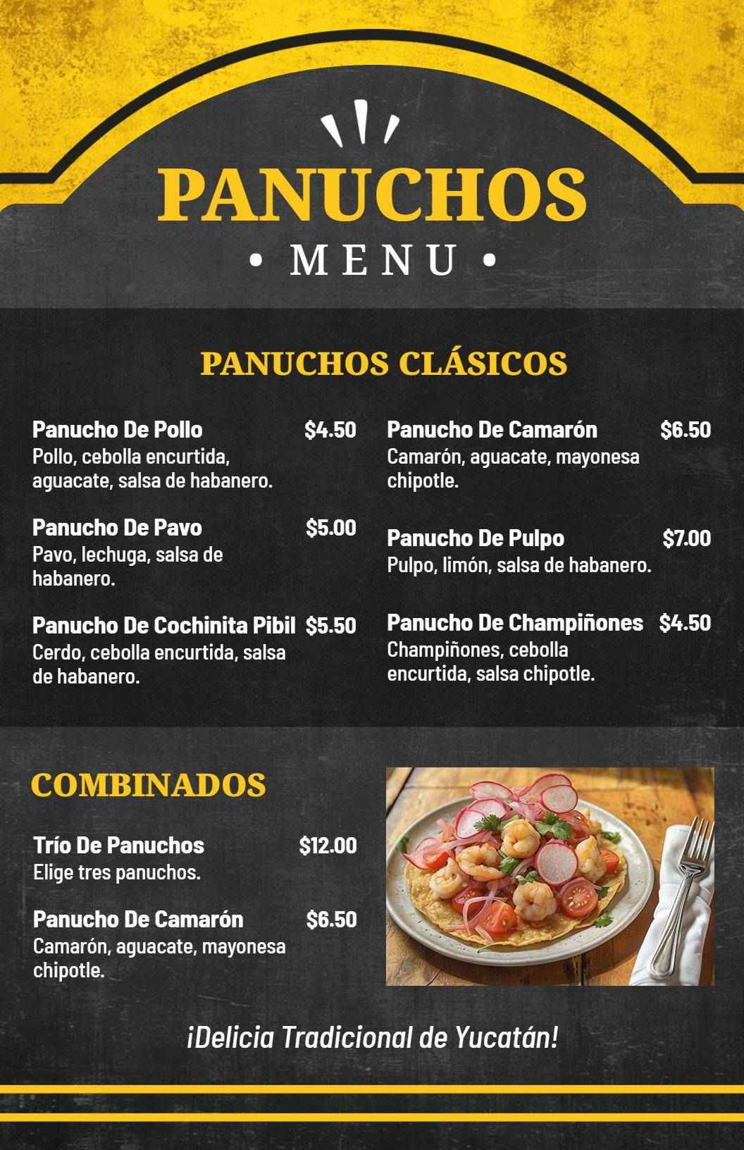 Plantilla De Menú De Panuchos Tradicional En Negro Y Amarillo
