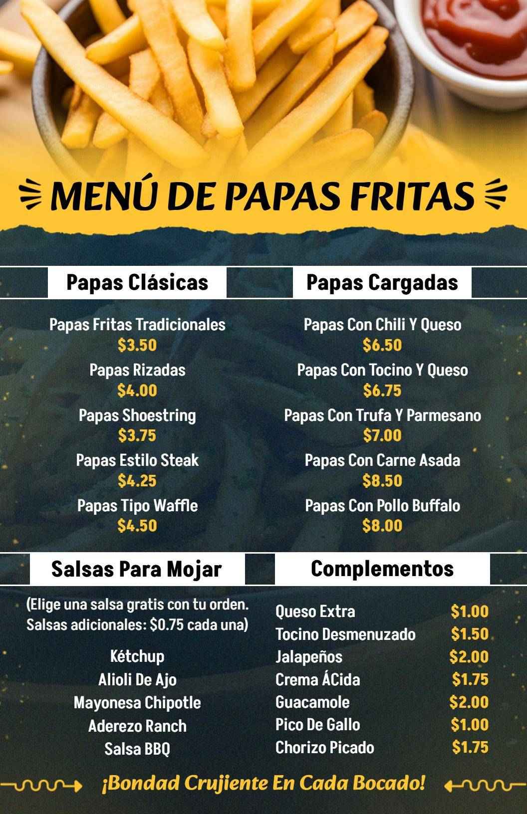 Plantilla De Menú De Papas Fritas Clásicas Y Cargadas Con Diseño En Amarillo Intenso