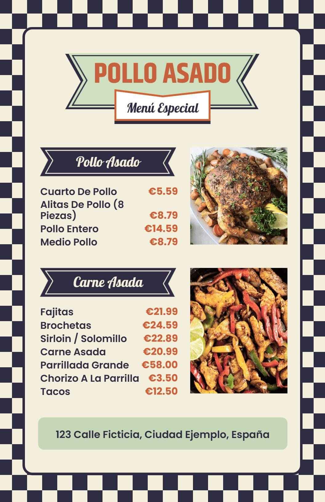Plantilla De Menú De Pollo Asado Con Diseño Clásico De Cuadros