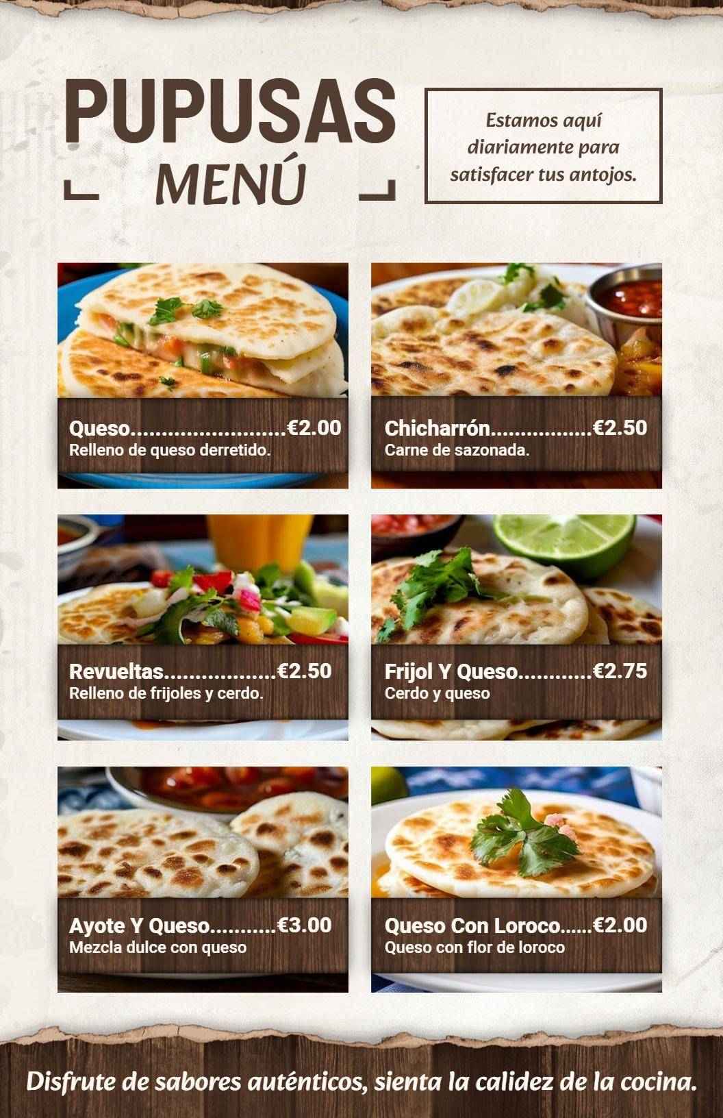 Plantilla De Menú De Pupusas De Queso Fundido Y Carne Sabrosa