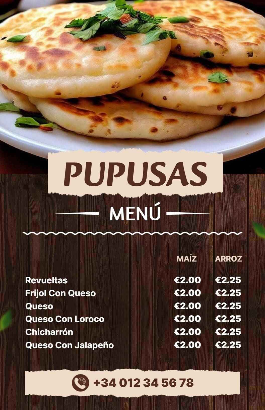 Plantilla De Menú De Pupusas Salvadoreñas Tradicionales Con Rellenos De Queso Y Carne